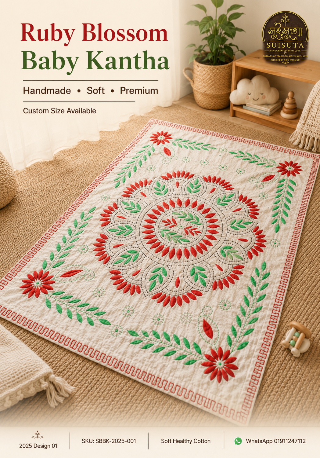 Ruby Blossom Baby Kantha – রুবি ব্লসম বেবি নকশি কাঁথা | 2025 Design 01 | SKU: SBBK-2025-001 - Image 3