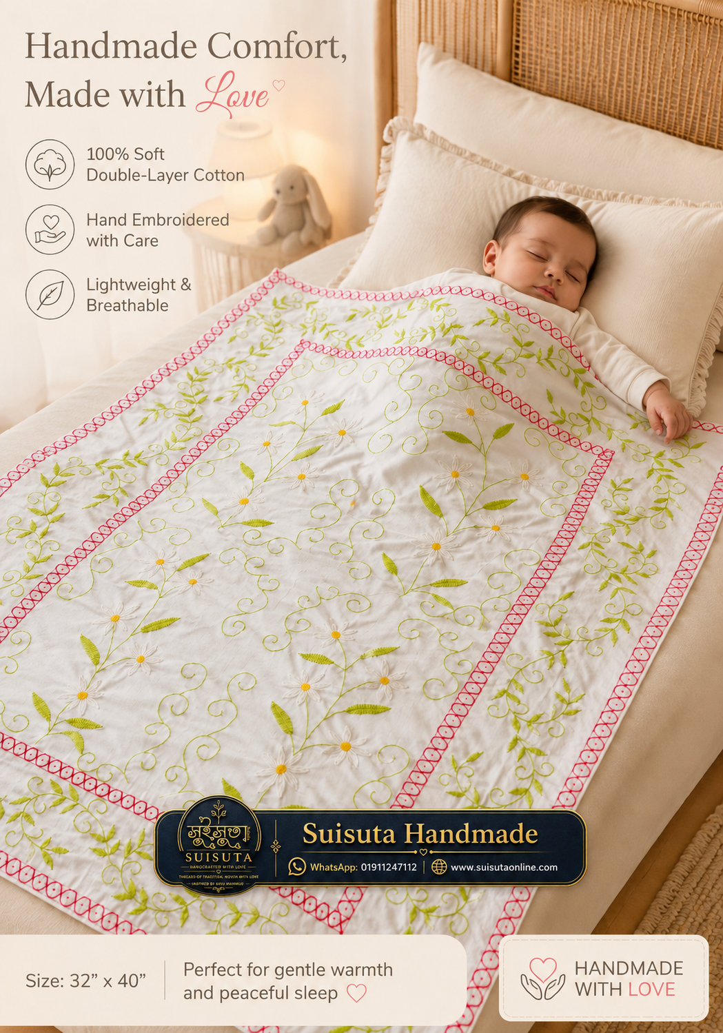 Suisuta Handmade Baby Nakshi Kantha | 32×40 Inch Soft Cotton Baby Kantha - Image 4