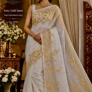 Ivory Gold Hand Embroidered Saree – Suisuta Handmade | আইভরি গোল্ড প্রিমিয়াম হাতের কাজের শাড়ি | Product Code: SSR008