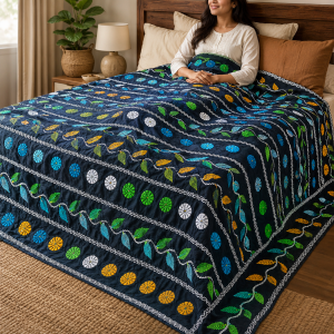 Midnight Stripe Garden King Nakshi Kantha – Suisuta Handmade | মিডনাইট স্ট্রাইপ গার্ডেন কিং কাঁথা