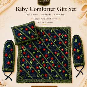 Navy Vine Blossom Baby Comforter Gift Set – Suisuta Handmade | নীল লতা ফুল হ্যান্ডমেড ৪ পিস বেবি সেট | SKU: SBCG-005