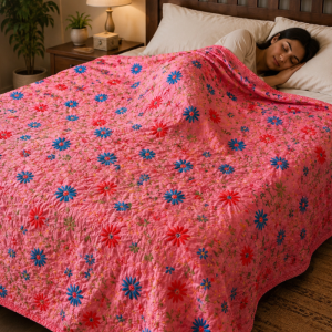 Suisuta Handmade | Pink Floral Nakshi Kantha | King Size Handmade Cotton Kantha