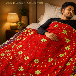 SSKK-014Scarlet Bloom Circle King Nakshi Kantha – Suisuta Handmade | স্কারলেট ব্লুম প্রিমিয়াম কিং কাঁথা
