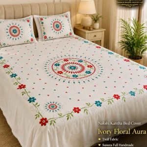 Suisuta Handmade Nakshi Kantha Bed Cover – Ivory Floral Aura | সুইসুতা হ্যান্ডমেড নকশি কাঁথা বেড কভার – আইভরি ফ্লোরাল অরা