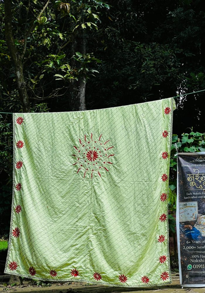 Premium Handmade Cotton Nakshi Kantha – Light Green Floral Design/ SKNK-989 - Image 2