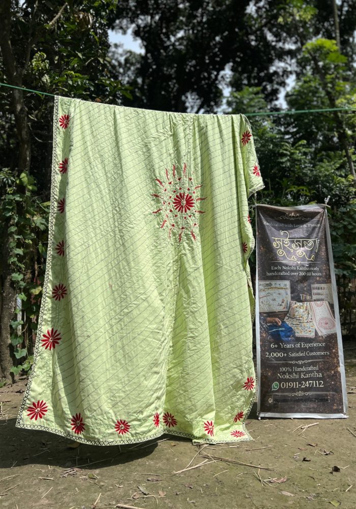 Premium Handmade Cotton Nakshi Kantha – Light Green Floral Design/ SKNK-989 - Image 5