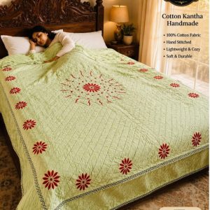 Premium Handmade Cotton Nakshi Kantha – Light Green Floral Design/ SKNK-989