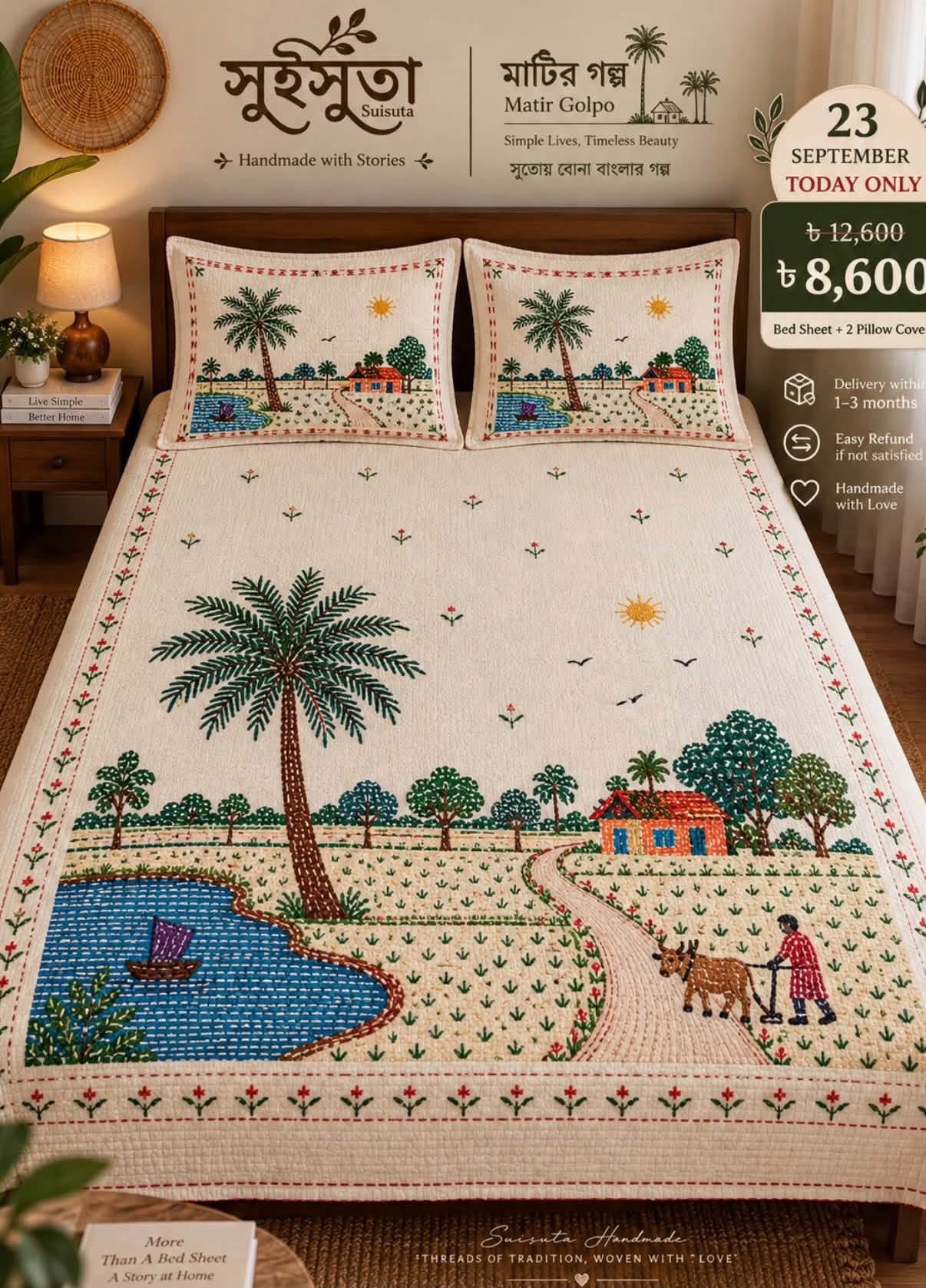 মাটির গল্প — গ্রামের পথ | Handmade Bed Sheet - Image 2