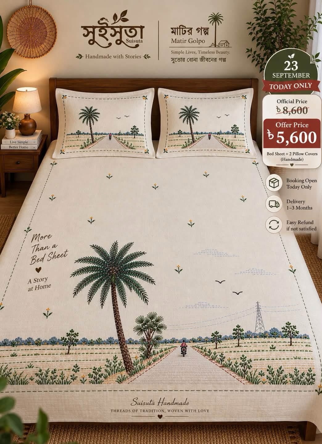 মাটির গল্প — গ্রামের পথ | Handmade Bed Sheet - Image 4